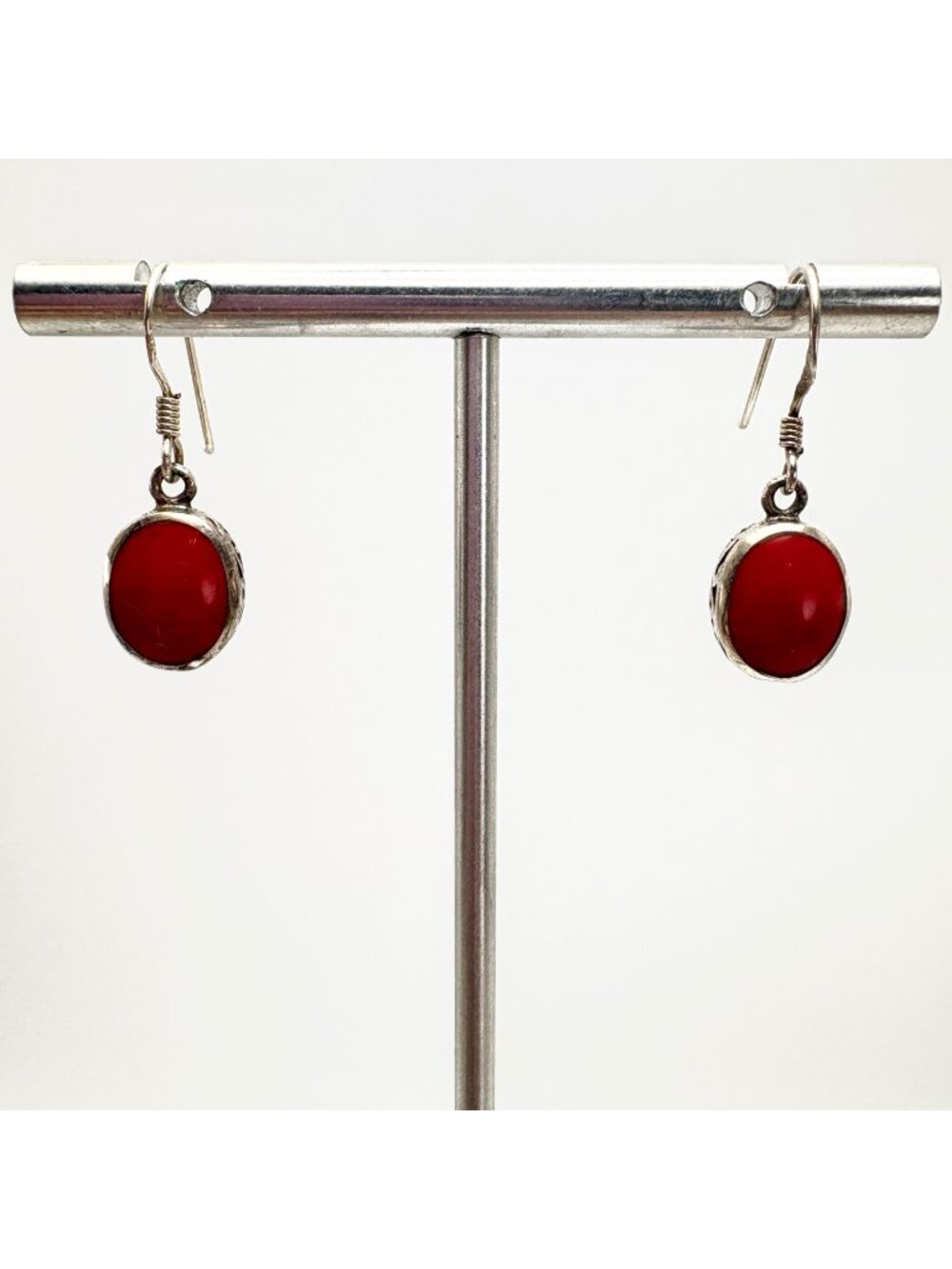 Red Cabochon Gemstone Dangle Earrings VTG Sterling Silver 925 Size 1" Length